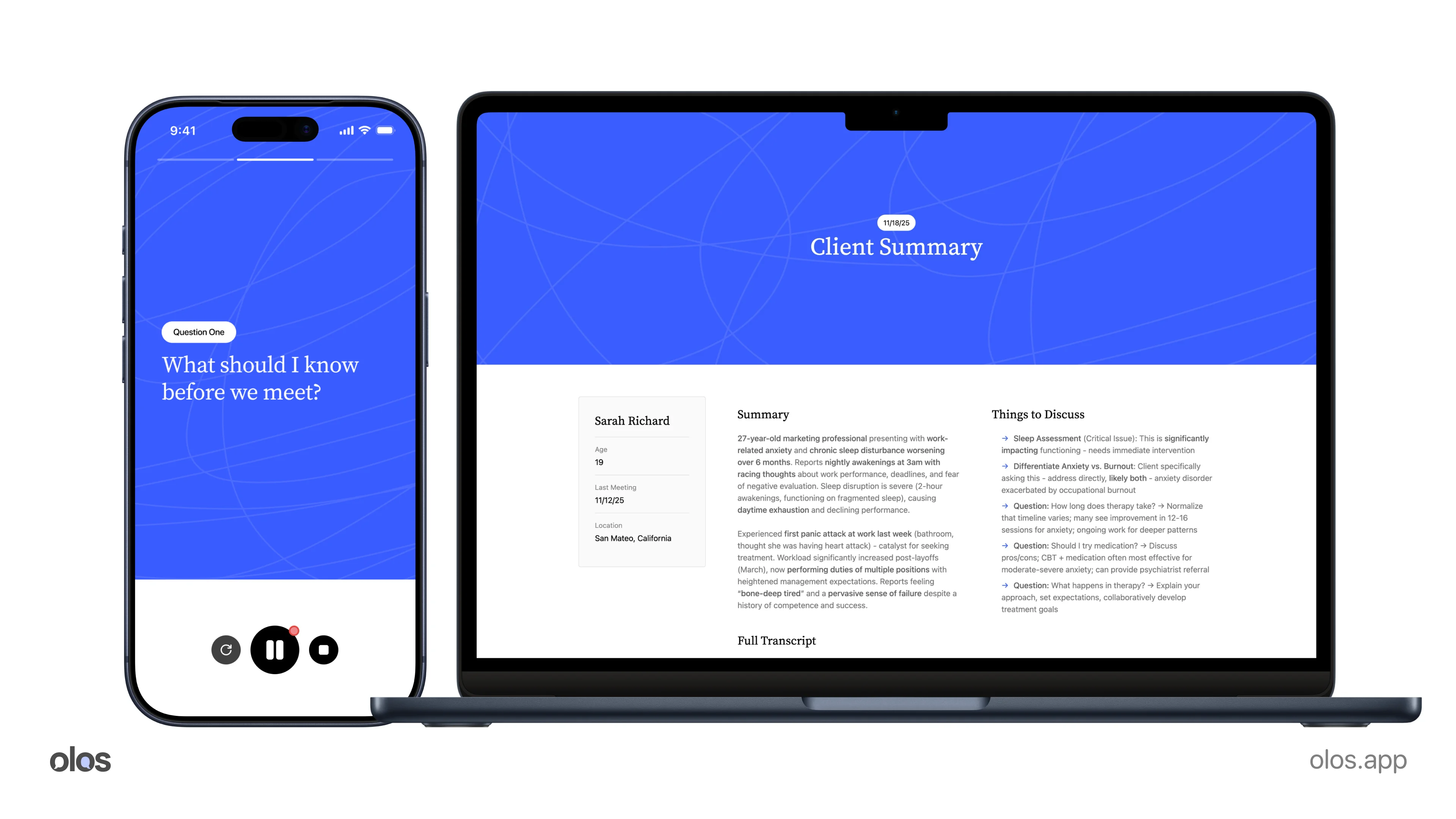 olos on a phone and a laptop: the client prompt and the therapist's client summary